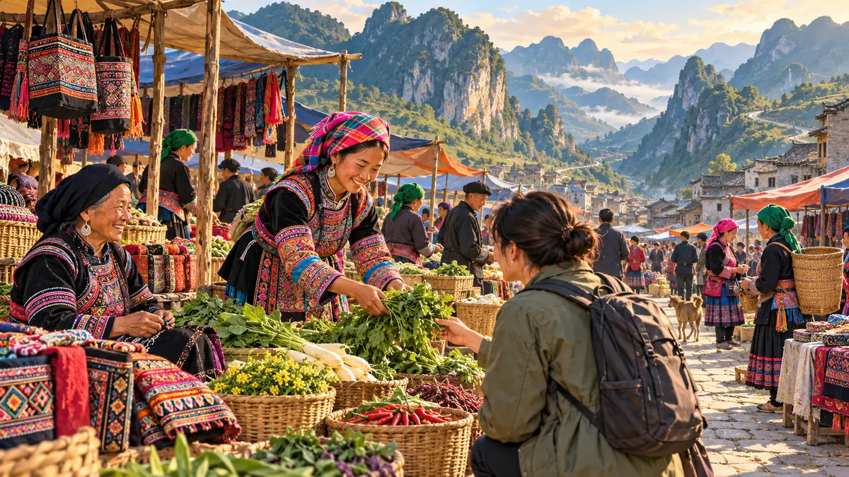 Minh họa chợ phiên vùng cao với nông sản và trang phục truyền thống Hà Giang.