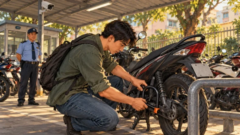 Minh họa khóa xe máy tại bãi gửi có bảo vệ và camera.