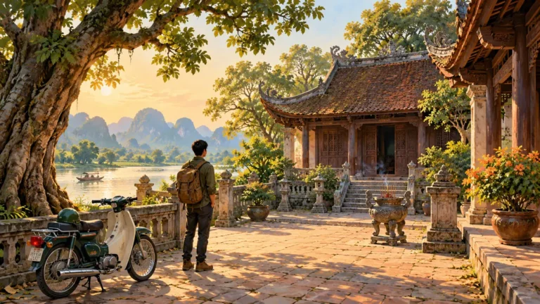 Minh họa sân chùa cổ và kiến trúc mái ngói trong chủ đề chùa Bà Đanh.