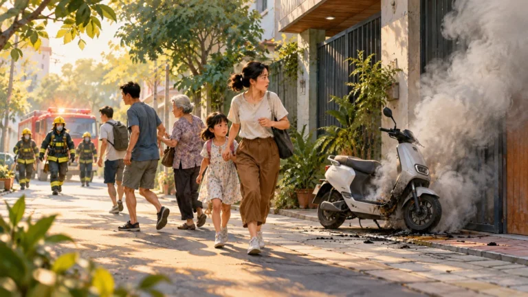 Minh họa người dân rời khỏi khu vực có khói từ xe điện và lực lượng chữa cháy tiếp cận.
