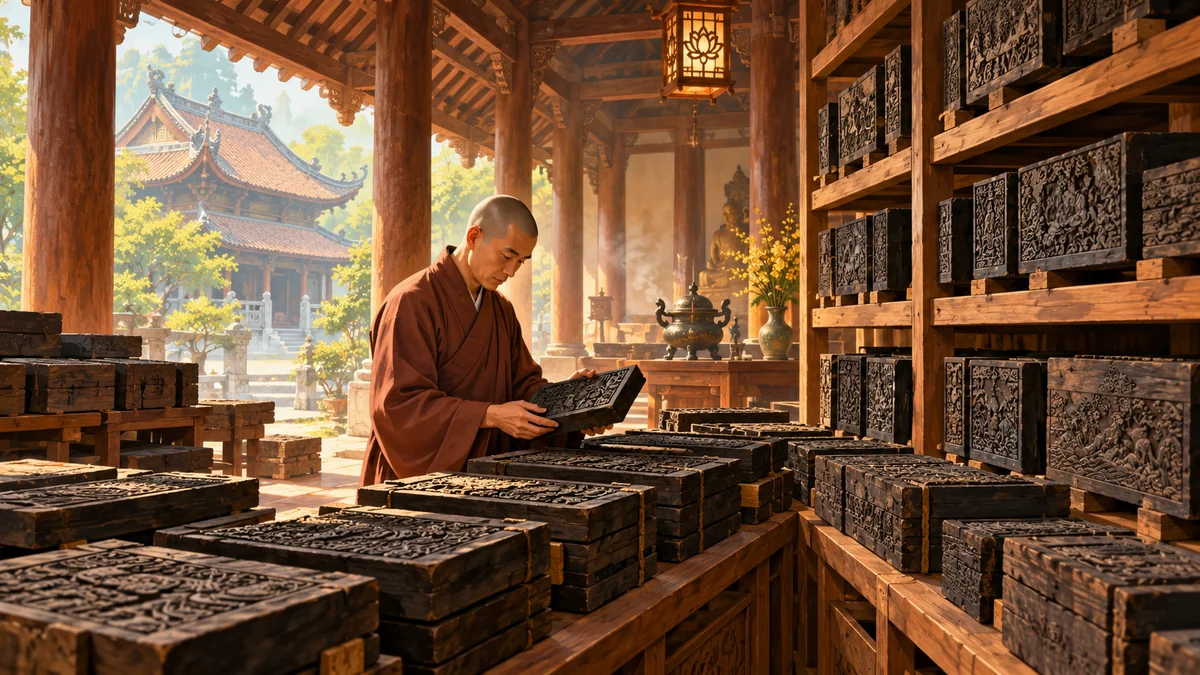 Minh họa kho mộc bản trong không gian chùa Vĩnh Nghiêm.