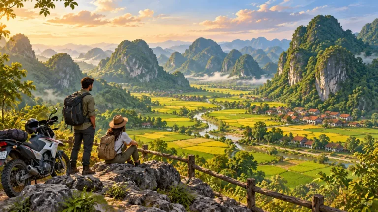 Minh họa cảnh quan núi đá vôi và thung lũng ở Lạng Sơn.