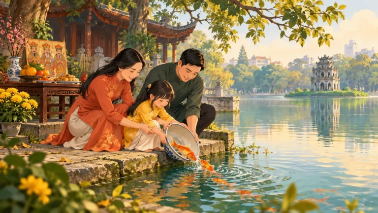 Minh họa lễ cúng ông Công ông Táo và thả cá chép gần mặt nước.