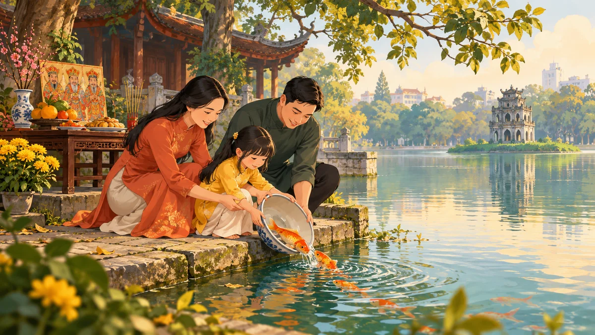 Minh họa lễ cúng ông Công ông Táo và thả cá chép gần mặt nước.