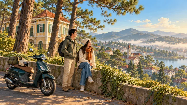Minh họa du khách mặc áo khoác nhẹ trong buổi sáng Đà Lạt.