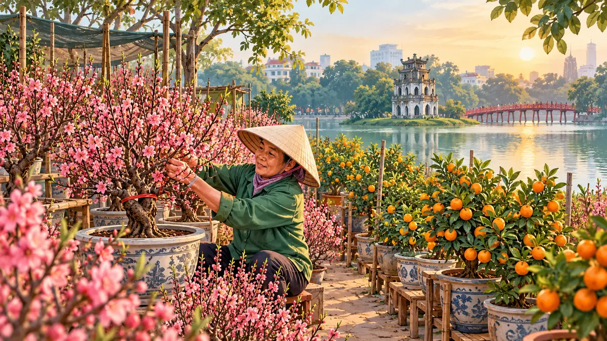 Minh họa người làm vườn chăm đào Nhật Tân và quất Tứ Liên.