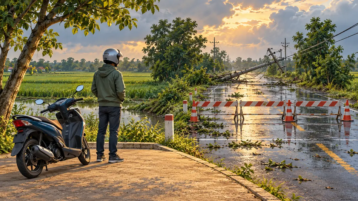 Minh họa dừng xe ở xa khu vực dây điện đứt sau mưa bão.