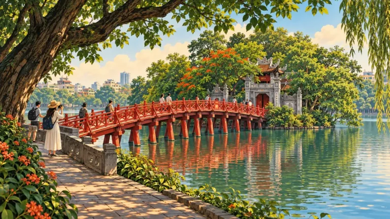 Minh họa cầu Thê Húc và đền Ngọc Sơn bên Hồ Hoàn Kiếm.