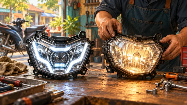 Minh họa hai kiểu cụm đèn pha xe máy LED và halogen.