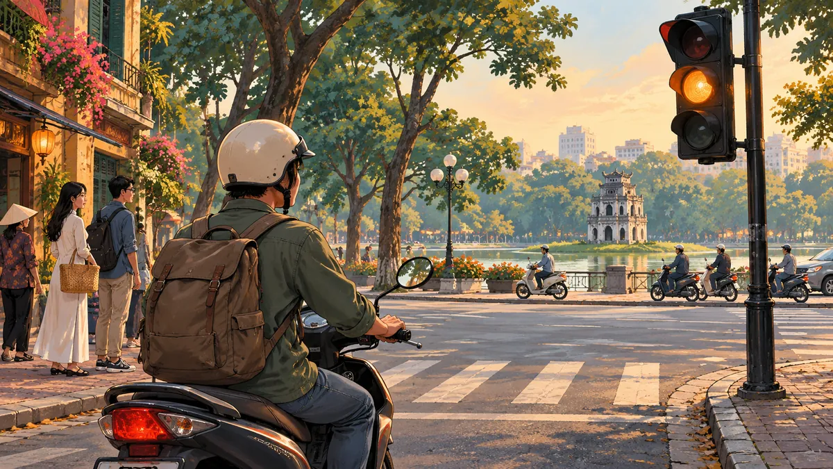 Minh họa người đi xe máy giảm tốc và quan sát tại đèn tín hiệu vàng.