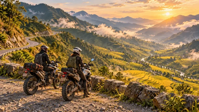 Minh họa đường đèo Khau Phạ uốn lượn bên ruộng bậc thang.