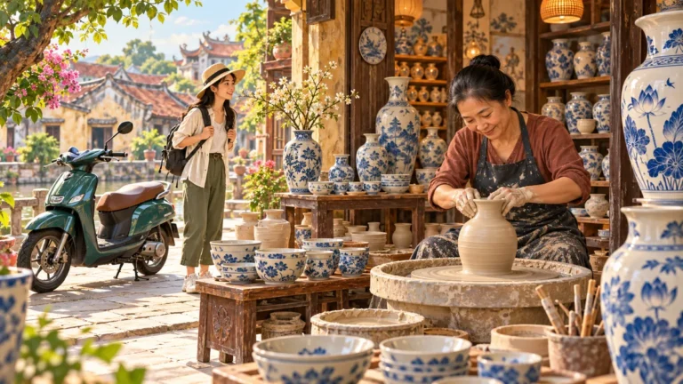 Minh họa cửa hàng gốm và trải nghiệm làm gốm tại Bát Tràng.