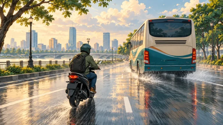 Minh họa giữ khoảng cách với xe buýt khi đi xe máy trên đường ướt.