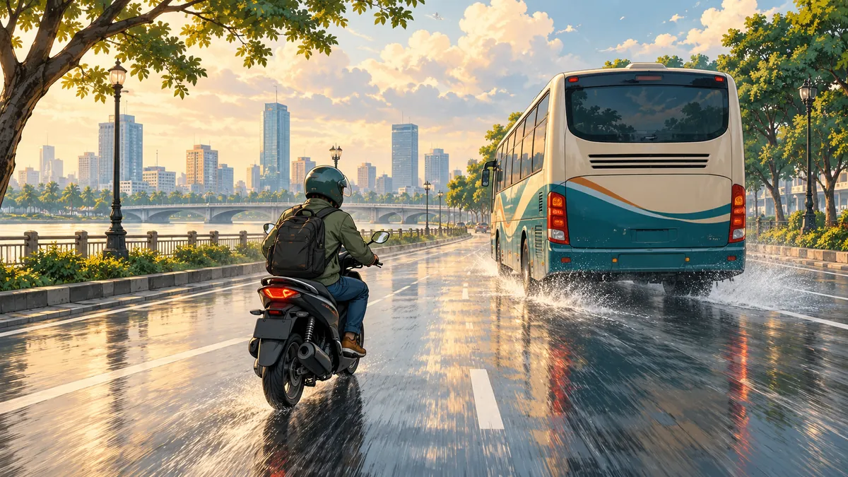 Minh họa giữ khoảng cách với xe buýt khi đi xe máy trên đường ướt.