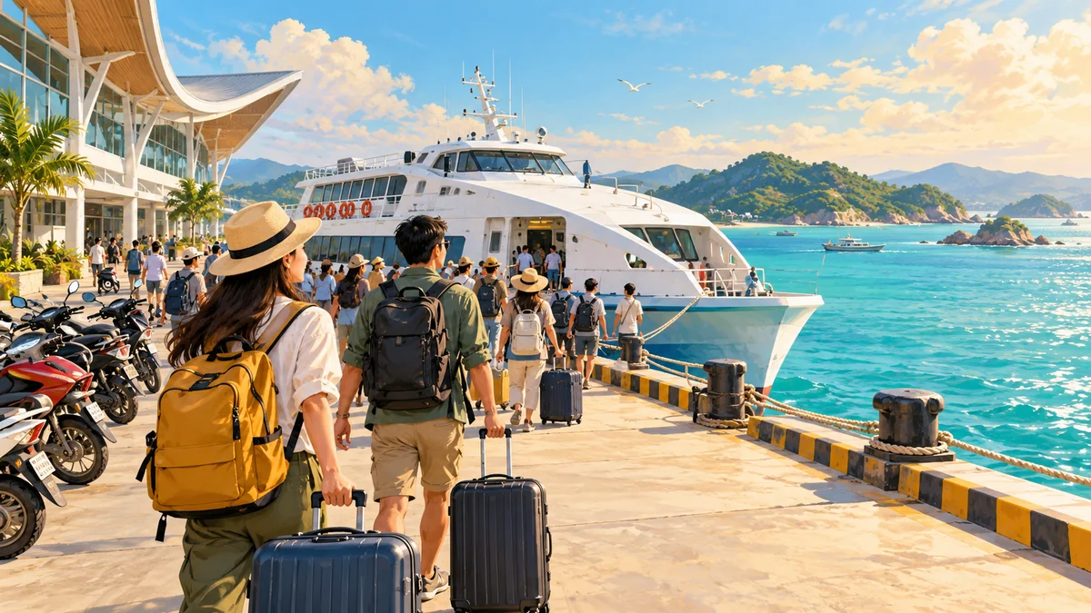 Minh họa tàu khách và bến cảng trong hành trình đi Cô Tô.
