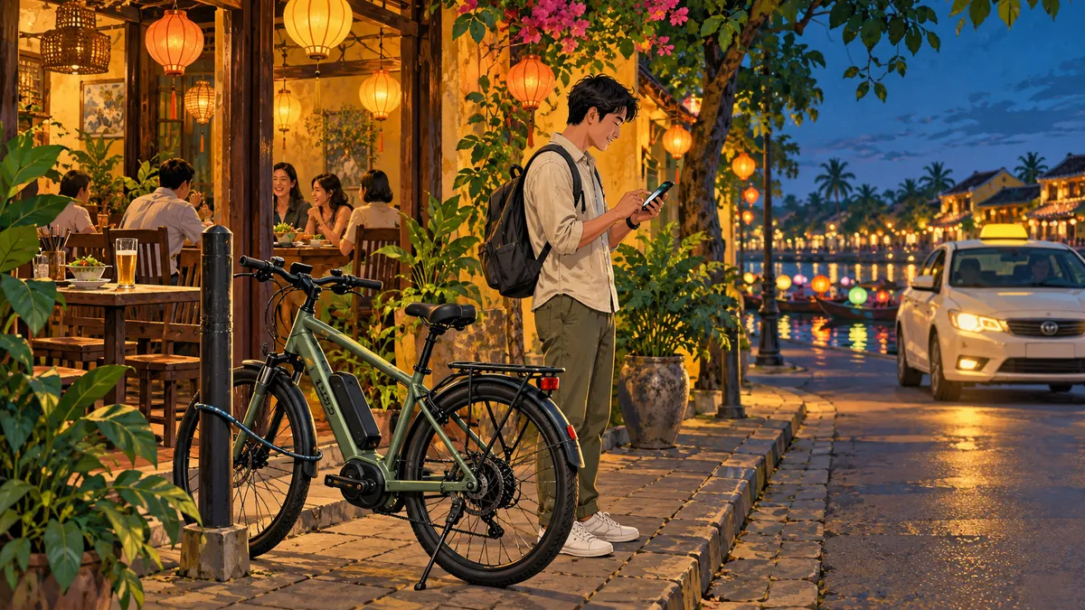 Minh họa người gửi xe đạp điện và gọi xe về sau khi uống bia.