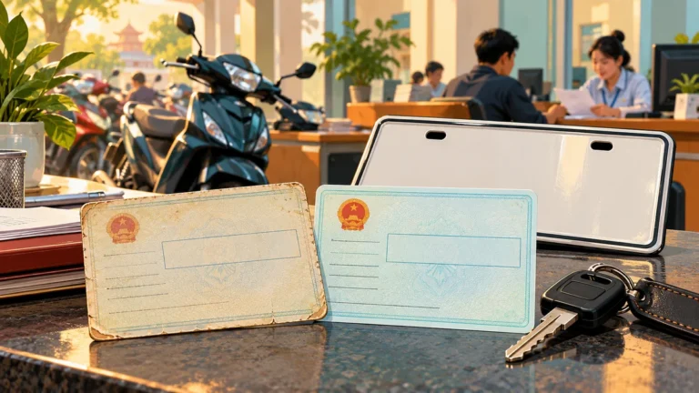 Minh họa giấy đăng ký, biển số và chìa khóa trong thủ tục đổi giấy tờ xe.