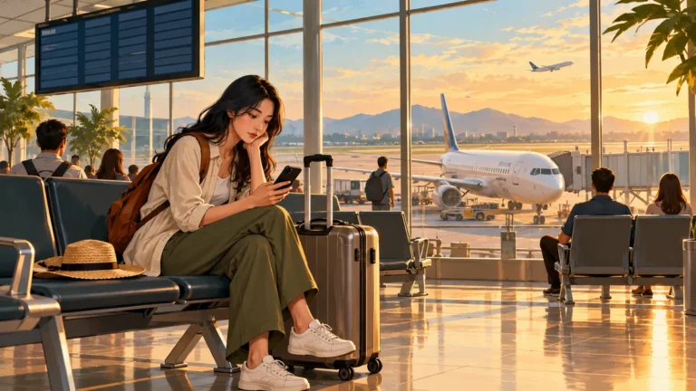 Minh họa hành khách xem thông tin và chờ chuyến bay tại sân bay.
