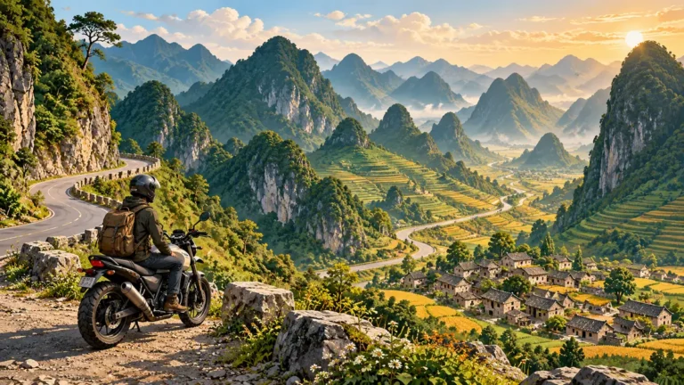 Minh họa cao nguyên đá Đồng Văn và hành trình khám phá bằng xe máy.