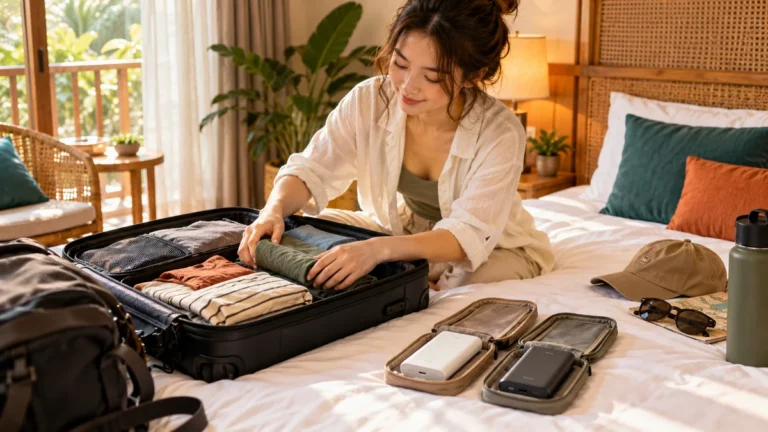 Minh họa chuẩn bị sạc dự phòng trong hành lý xách tay trước chuyến bay.