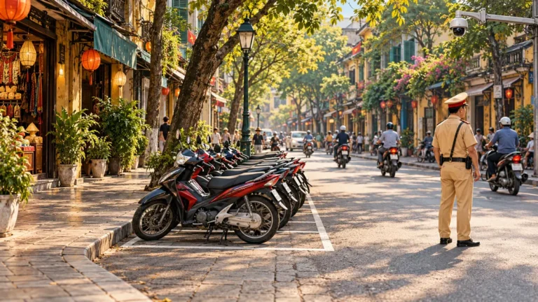 Minh họa sắp xếp xe máy tại khu vực đỗ xe quanh phố cổ Hà Nội.