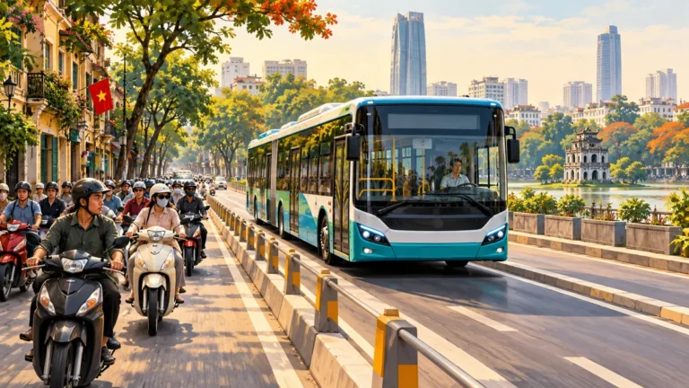 Minh họa xe buýt đi trong làn riêng và xe máy ở làn bên cạnh.