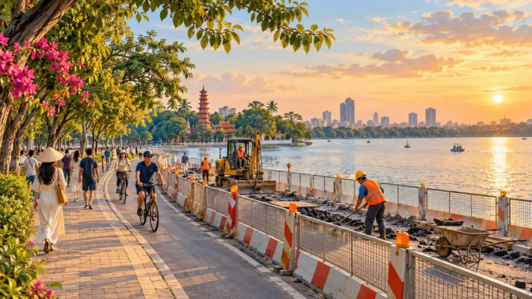 Minh họa khu vực đường ven hồ Tây có rào chắn phục vụ cải tạo.