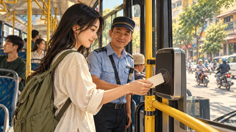 Minh họa hành khách chạm thẻ khi đi xe buýt tại Hà Nội.
