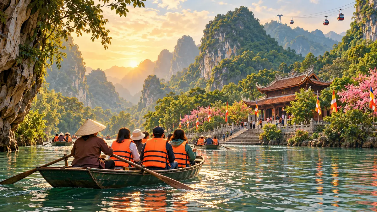 Minh họa du khách đi thuyền trên suối Yến trong hành trình chùa Hương.