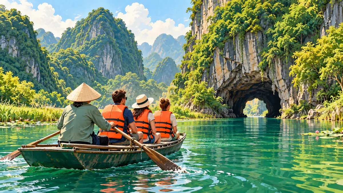 Minh họa du khách mặc áo phao đi thuyền tại Tràng An Ninh Bình.