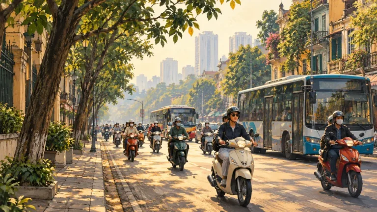 Minh họa giao thông đô thị Hà Nội trong bối cảnh không khí có sương mờ.