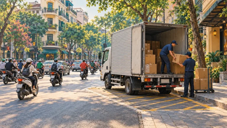 Minh họa xe tải chờ tại khu vực giao nhận hàng trong đô thị Hà Nội.