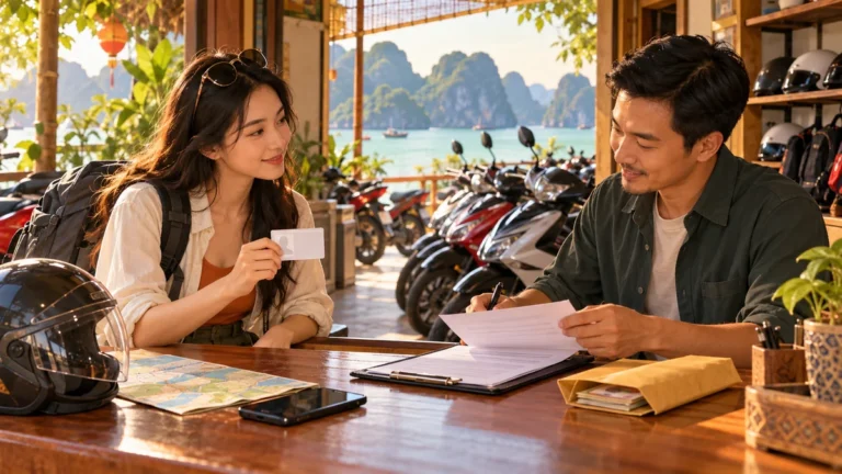 Minh họa khách xuất trình căn cước và trao đổi thủ tục thuê xe máy.
