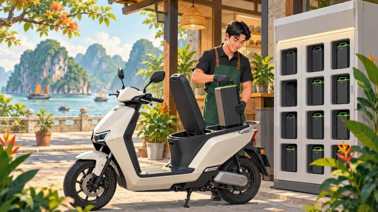 Minh họa xe máy điện và thao tác thay pin tại trạm đổi pin.