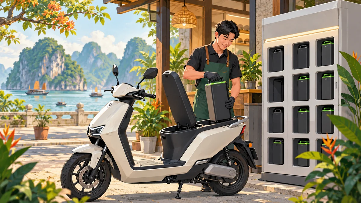 Minh họa xe máy điện và thao tác thay pin tại trạm đổi pin.