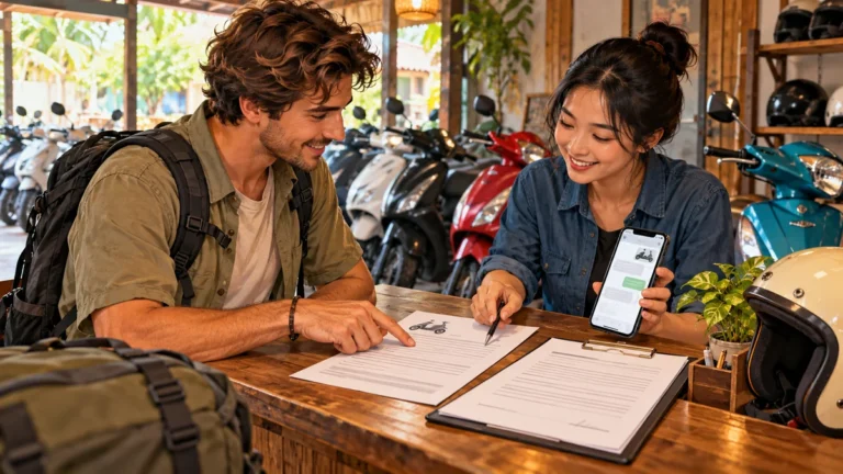Minh họa đối chiếu báo giá và hợp đồng trước khi thuê xe máy ba ngày.