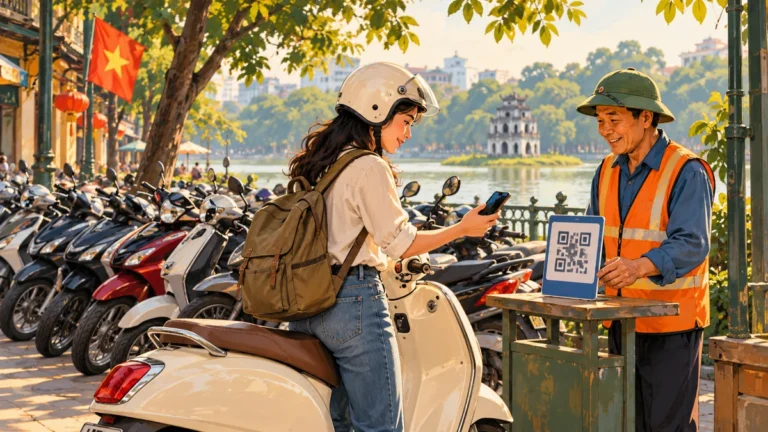 Minh họa khách dùng điện thoại thanh toán tại bãi gửi xe máy Hà Nội.