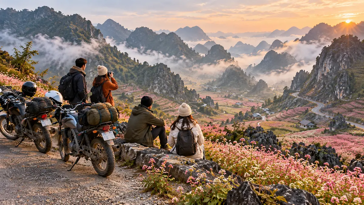 Minh họa du khách khám phá Hà Giang đầu mùa đông bên hoa tam giác mạch.