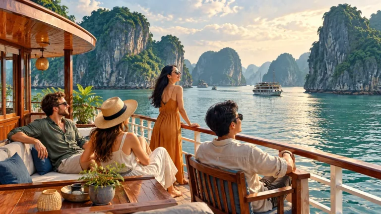 Minh họa du khách thư thả ngắm vịnh Hạ Long ngoài mùa đông khách.