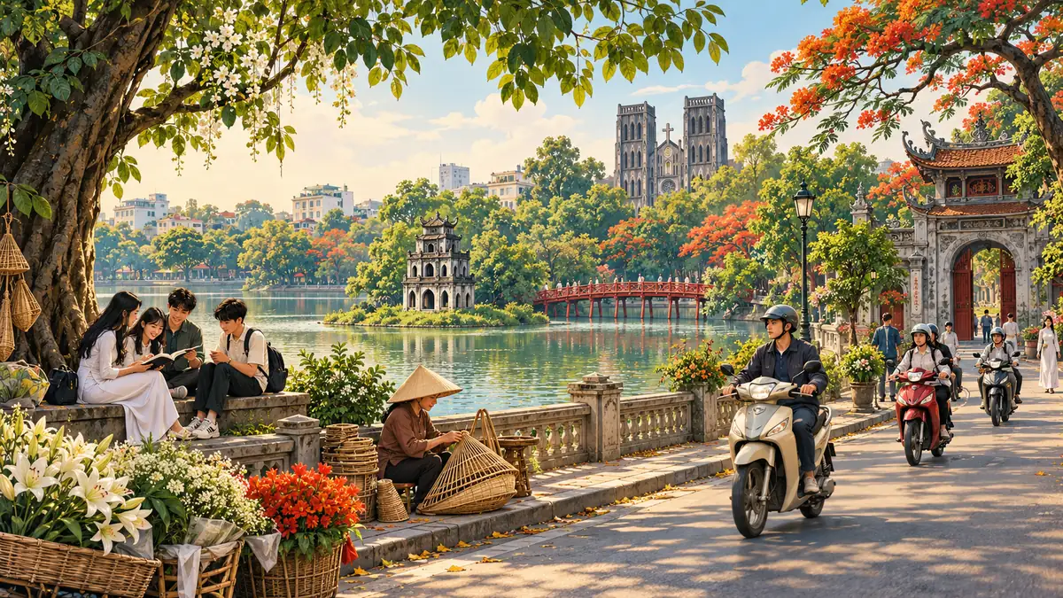 Minh họa Hà Nội với di sản văn hóa, nghề thủ công và đời sống học tập.
