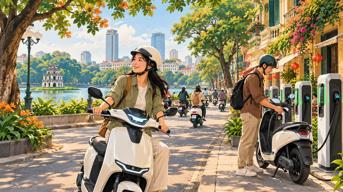 Minh họa xe máy điện và hạ tầng sạc trên đường phố Hà Nội.