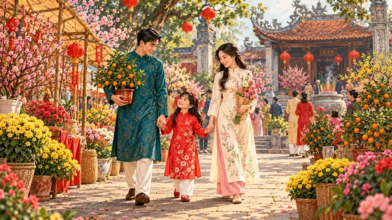 Minh họa gia đình mua cây cảnh và hoa đón lộc đầu năm.