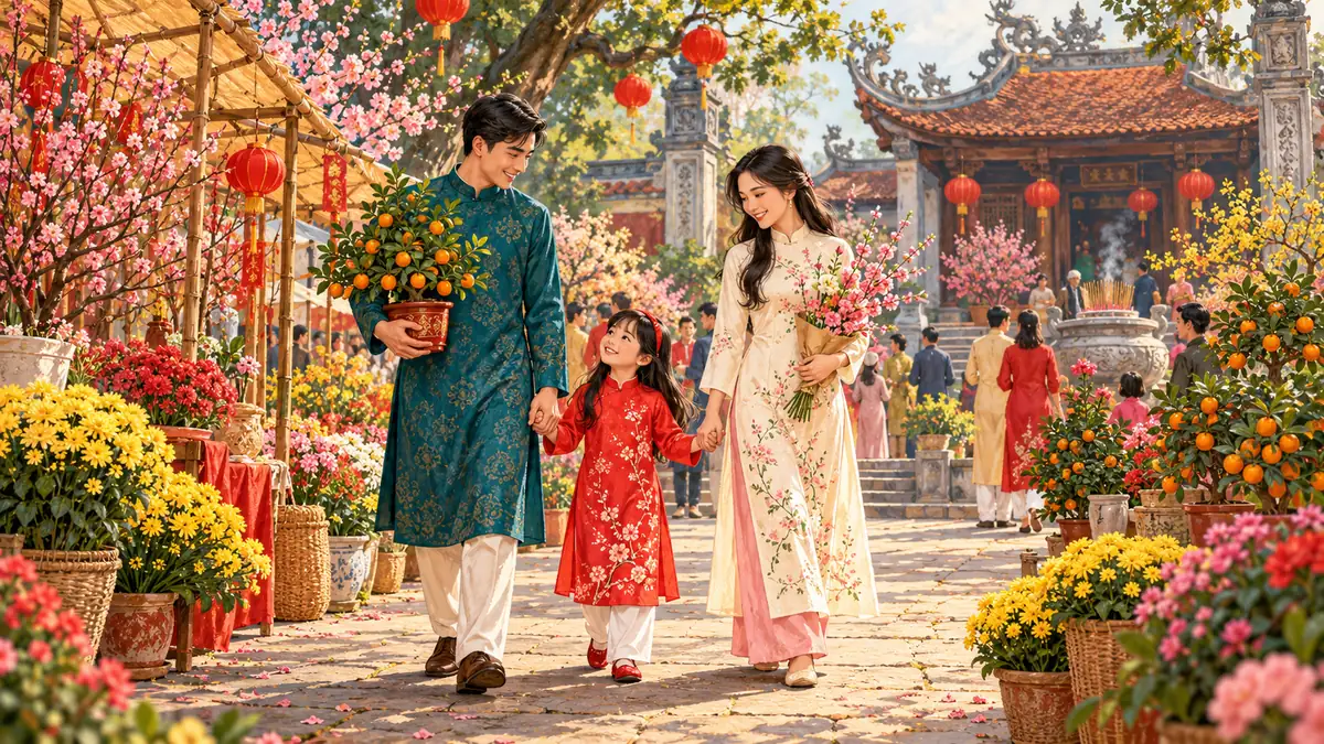 Minh họa gia đình mua cây cảnh và hoa đón lộc đầu năm.