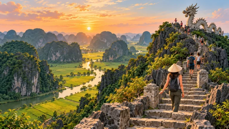 Minh họa bậc đá lên đỉnh Hang Múa giữa núi đá vôi Ninh Bình.