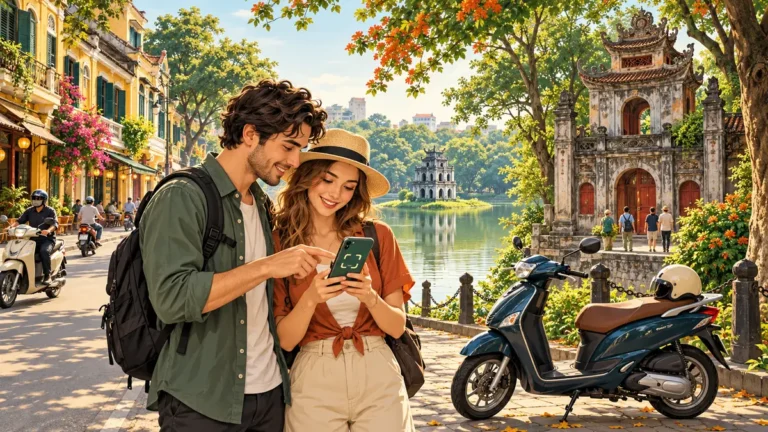 Minh họa khám phá di sản Hà Nội với thông tin trên điện thoại.