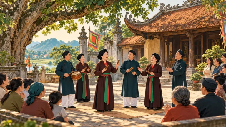 Minh họa hát xoan Phú Thọ tại sân đình truyền thống.