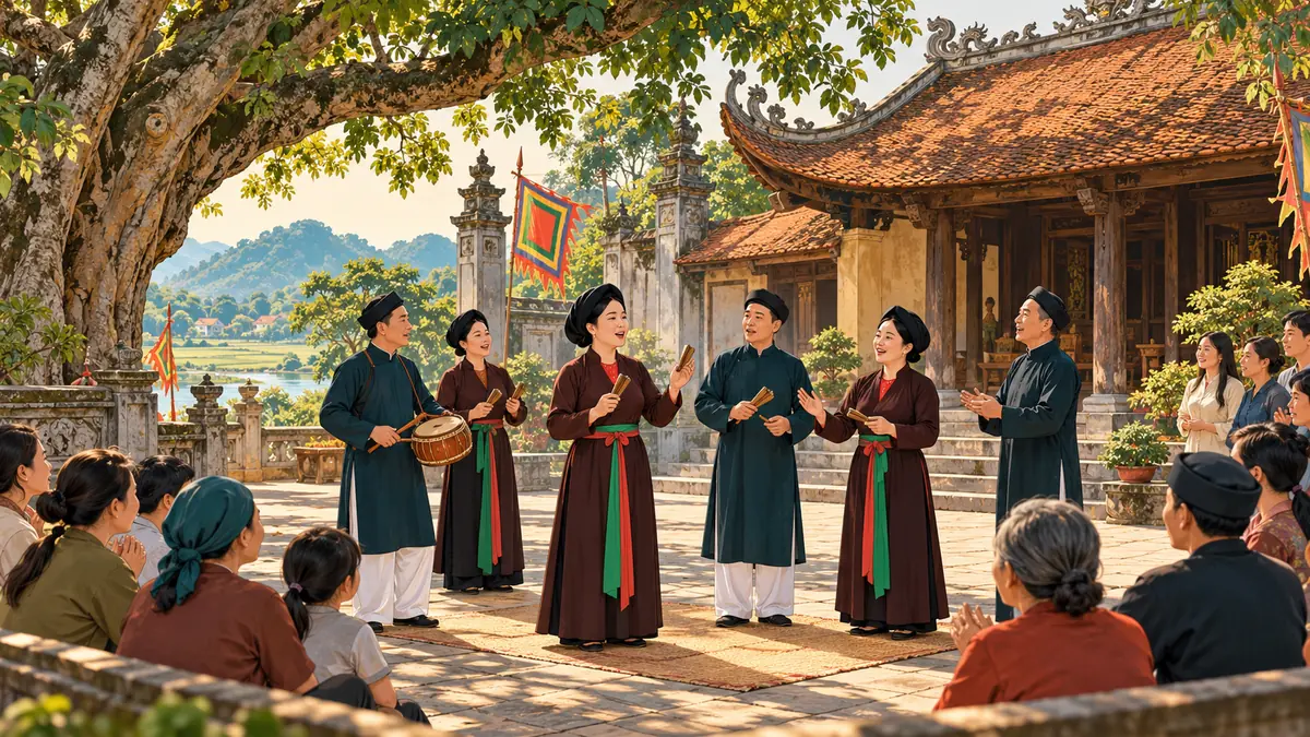 Minh họa hát xoan Phú Thọ tại sân đình truyền thống.
