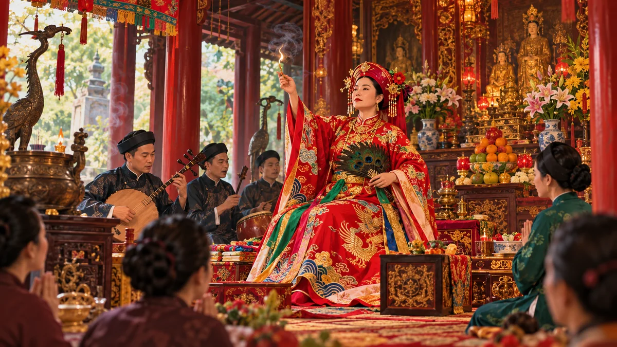 Minh họa nghi lễ hầu đồng trong tín ngưỡng thờ Mẫu Tam phủ.
