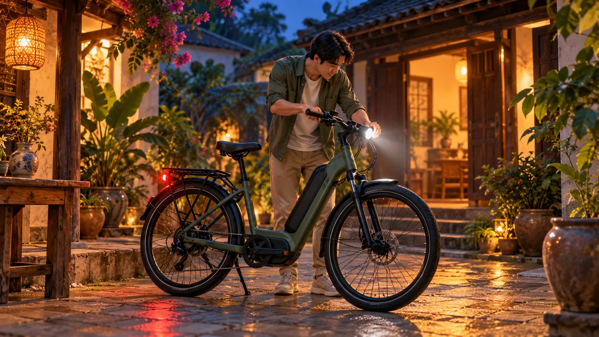 Minh họa kiểm tra hệ thống đèn trước và sau của xe đạp điện.