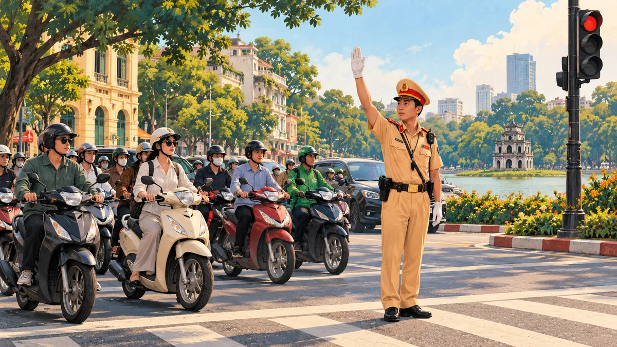 Minh họa cảnh sát giao thông giơ tay điều khiển xe tại giao lộ.